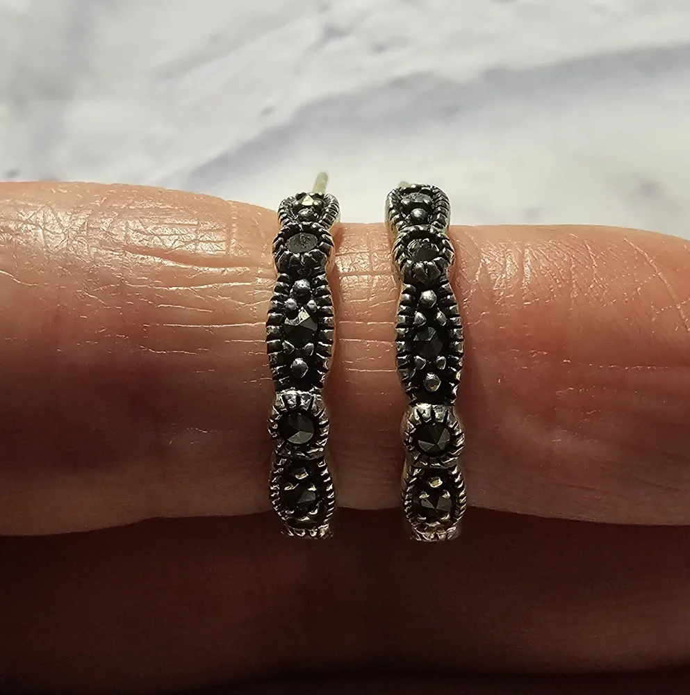 Sterling Silver Marcasite Hoop Earrings - Picture 2 of 4